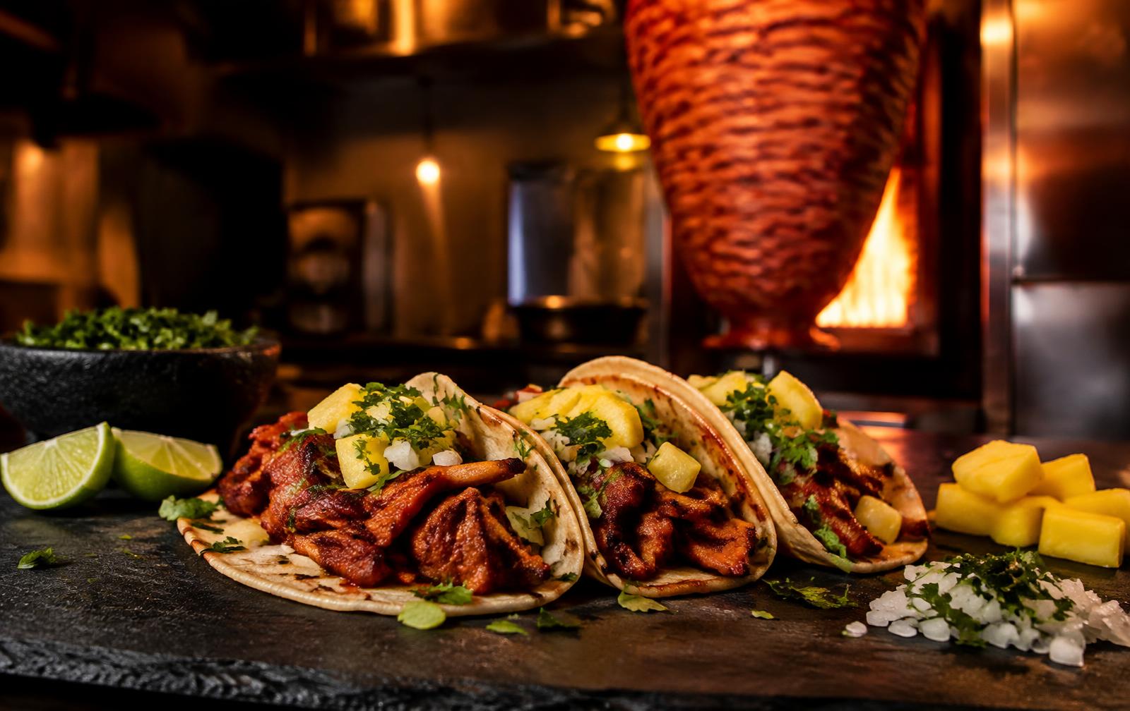 Al pastor tacos in front of the trompo