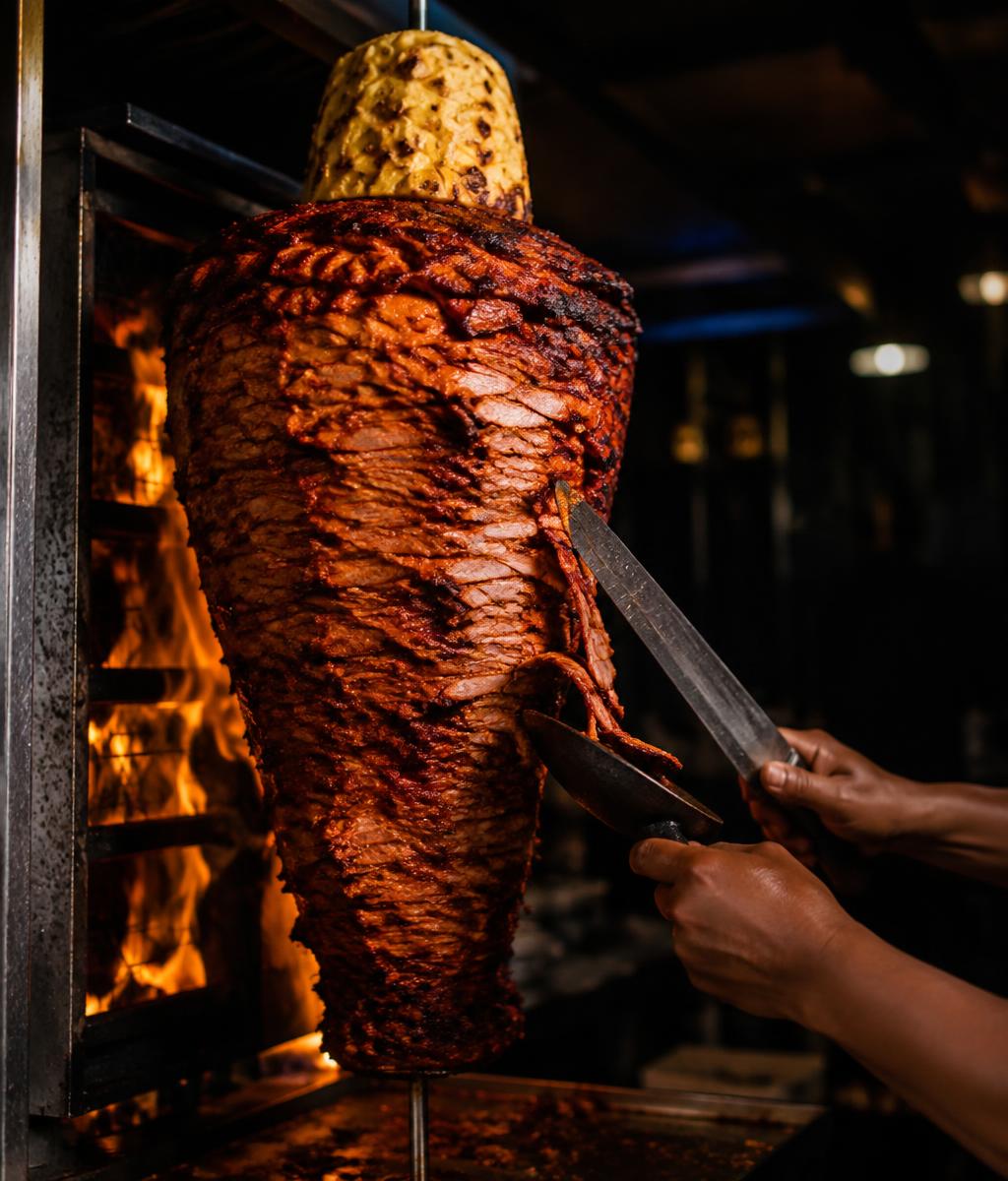 Al pastor being carved from the vertical trompo spit